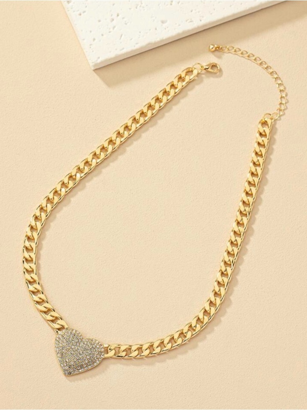 Gold Heart Pavé Cuban Link Choker Necklace - Picture 3 of 4